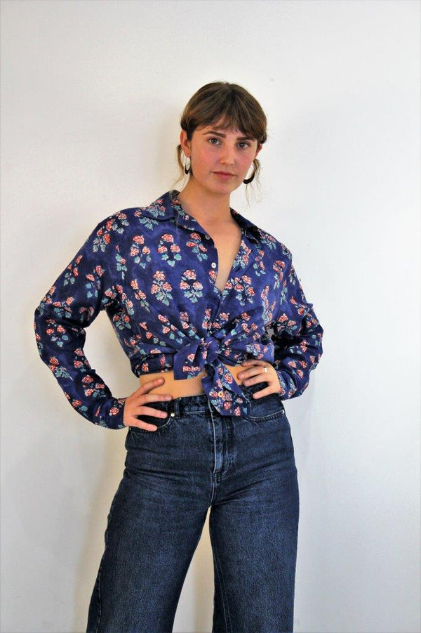 Blue Cotton Shirt with Pink Flower