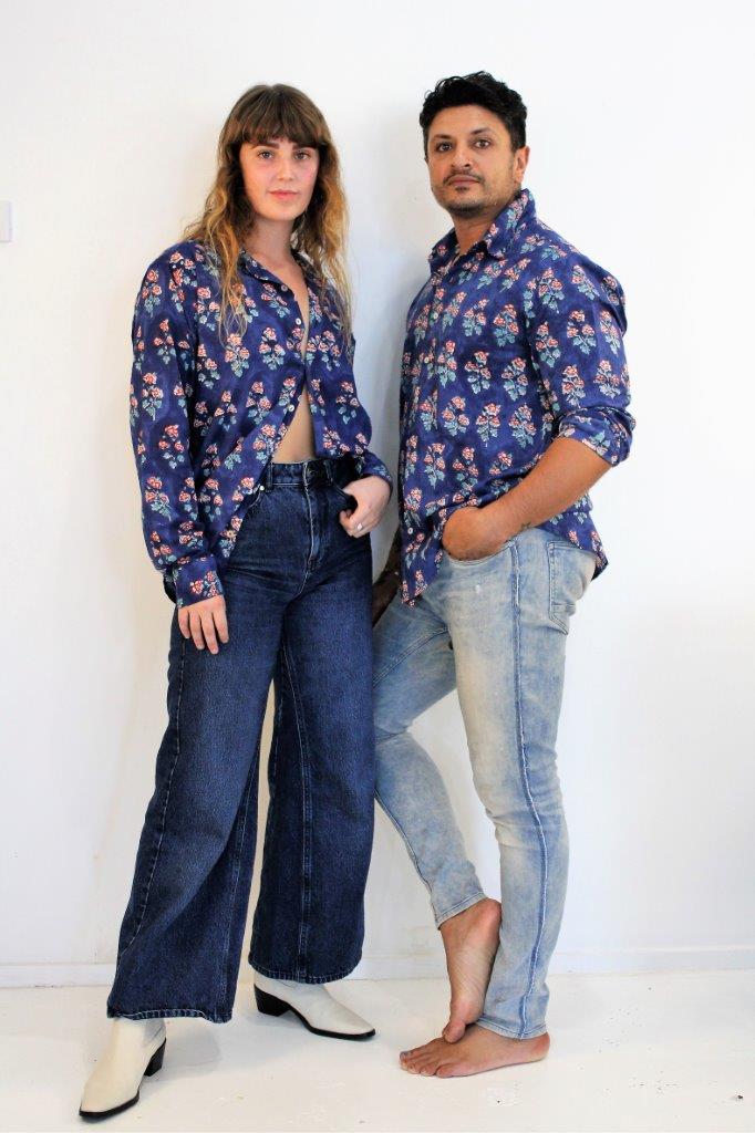 Blue Cotton Shirt with Pink Flower