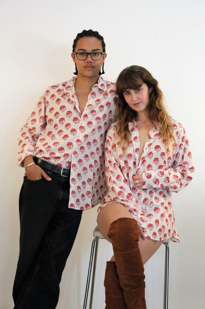 White cotton shirt with pink flower pattern