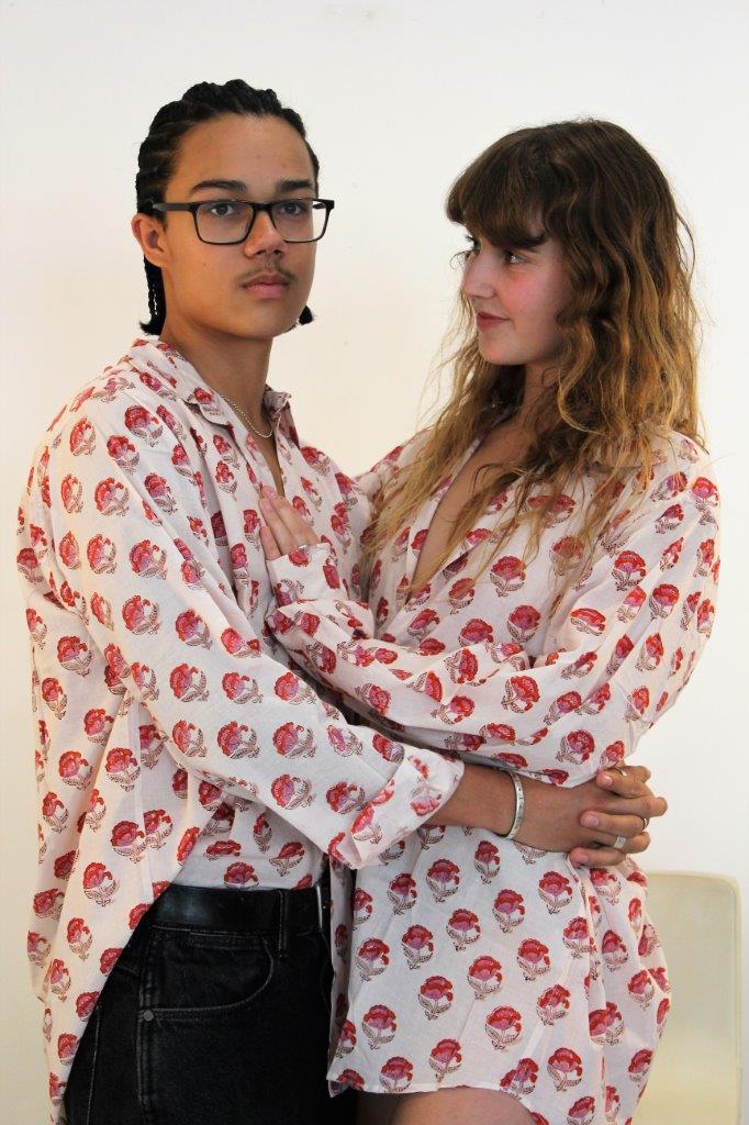 White cotton shirt with pink flower pattern