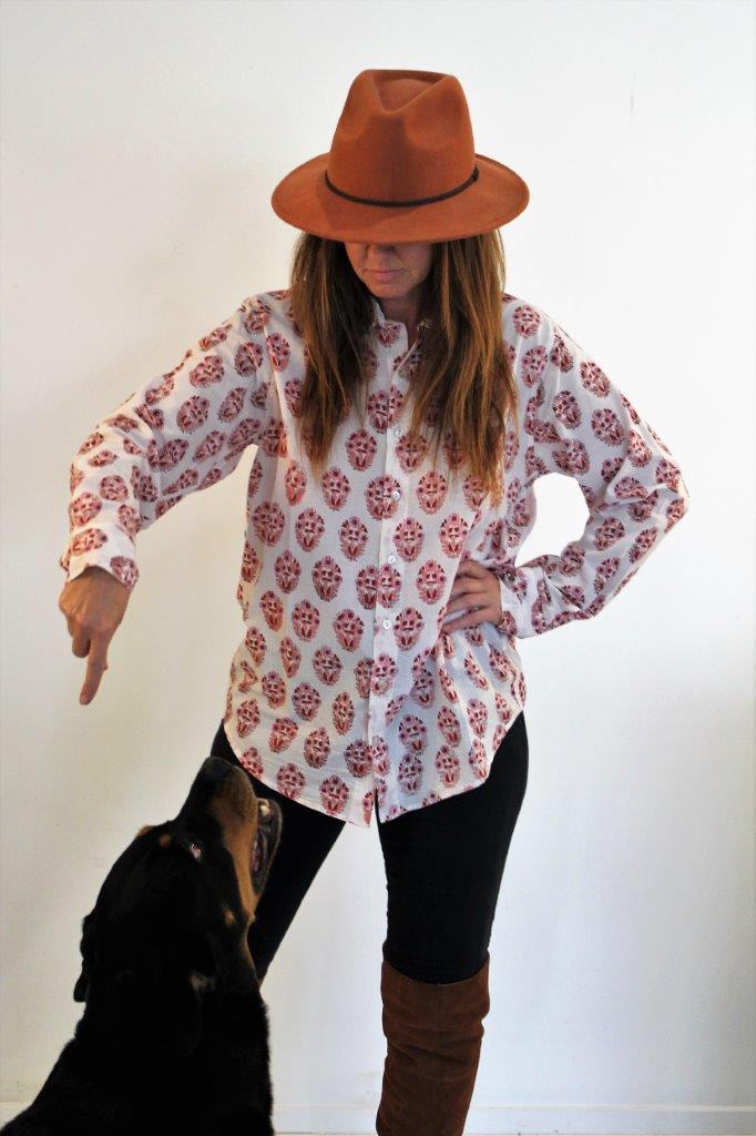 White cotton shirt with pink flower pattern