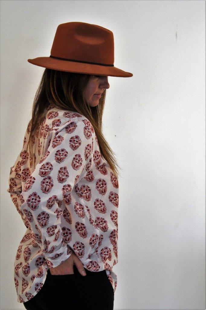 White cotton shirt with pink flower pattern