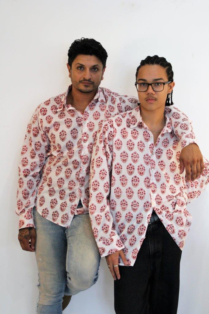 White cotton shirt with pink flower pattern